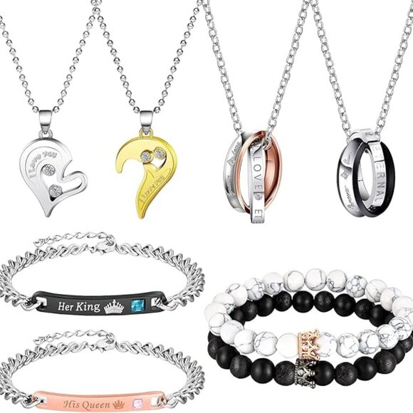 8 Pieces Couples Necklace Bracelet Matching Bracelets Set for Women Men,… - Picture 1 of 2